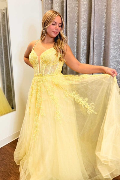 A Line V Neck Yellow Long Prom Dress with Lace Appliques, Yellow Lace Formal Graduation Evening Dress A2014