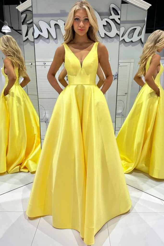 A Line V Neck Yellow Satin Long Prom Dress with Pocket, V Neck Yellow Formal Dress, Long Yellow Evening Dress A1997