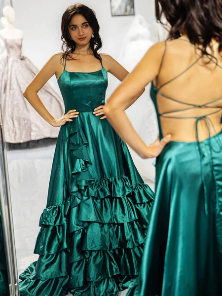 Backless A Line Red/Green Satin Ruffle Long Prom Dress with Split, Long Red/Green Formal Graduation Evening Dress A2135