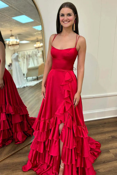 Backless A Line Red/Green Satin Ruffle Long Prom Dress with Split, Long Red/Green Formal Graduation Evening Dress A2135