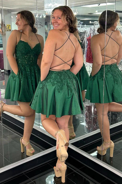 Backless Green Lace Short Prom Dress, Green Lace Homecoming Dress, Backless Green Formal Graduation Evening Dress A1965