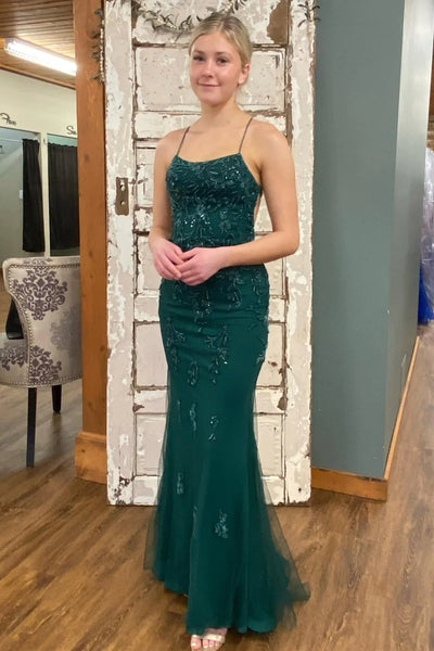 Backless Mermaid Green Lace Long Prom Dress, Green Lace Formal Dress, Mermaid Green Evening Dress A1980