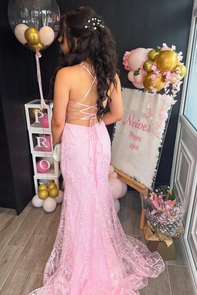Backless Mermaid Pink Lace Long Prom Dress, Mermaid Pink Formal Dress, Pink Lace Evening Dress A2549