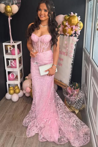 Backless Mermaid Pink Lace Long Prom Dress, Mermaid Pink Formal Dress, Pink Lace Evening Dress A2549