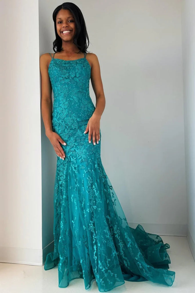 Backless Mermaid Turquoise Lace Long Prom Dress, Mermaid Turquoise For abcprom Backless Mermaid Turquoise Lace Long Prom Dress, Mermaid Turquoise For abcprom