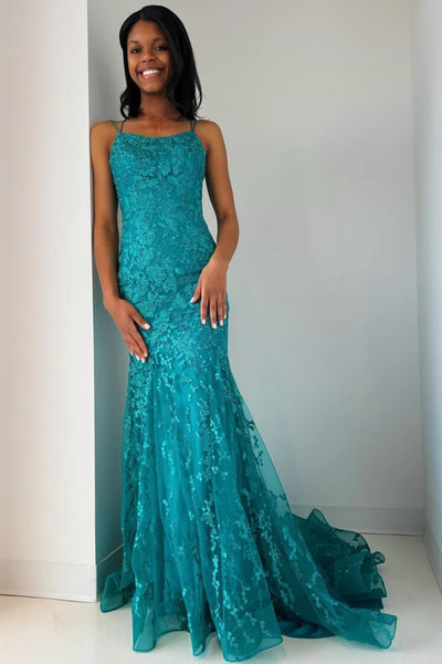 Backless Mermaid Turquoise Lace Long Prom Dress, Mermaid Turquoise Formal Evening Dress, Turquoise Lace Party Dress A2140