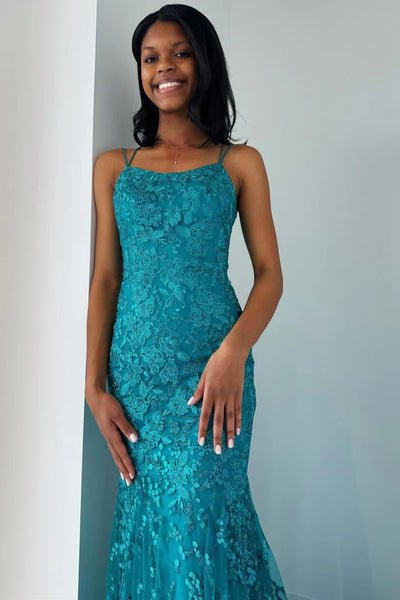 Backless Mermaid Turquoise Lace Long Prom Dress, Mermaid Turquoise Formal Evening Dress, Turquoise Lace Party Dress A2140