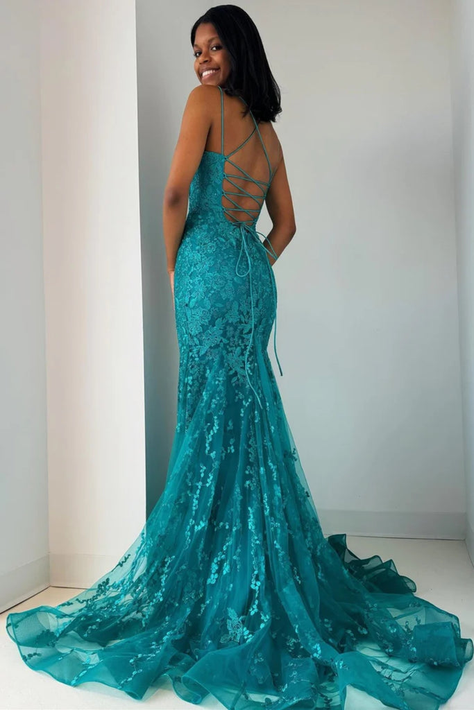 Backless Mermaid Turquoise Lace Long Prom Dress, Mermaid Turquoise For abcprom Backless Mermaid Turquoise Lace Long Prom Dress, Mermaid Turquoise For abcprom