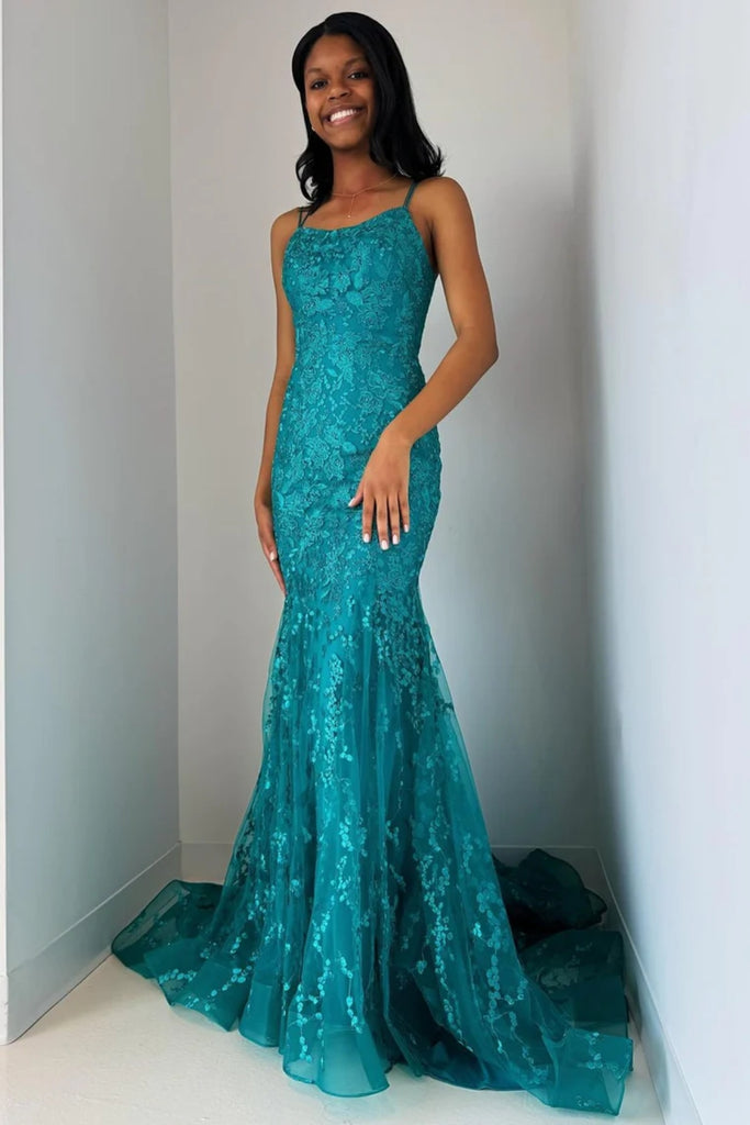 Backless Mermaid Turquoise Lace Long Prom Dress, Mermaid Turquoise For abcprom Backless Mermaid Turquoise Lace Long Prom Dress, Mermaid Turquoise For abcprom
