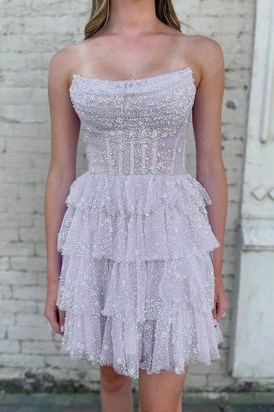 Bling Bling Strapless Layered Lilac Short Prom Dress, Strapless Lilac Homecoming Dress, Lilac Formal Evening Dress A1920