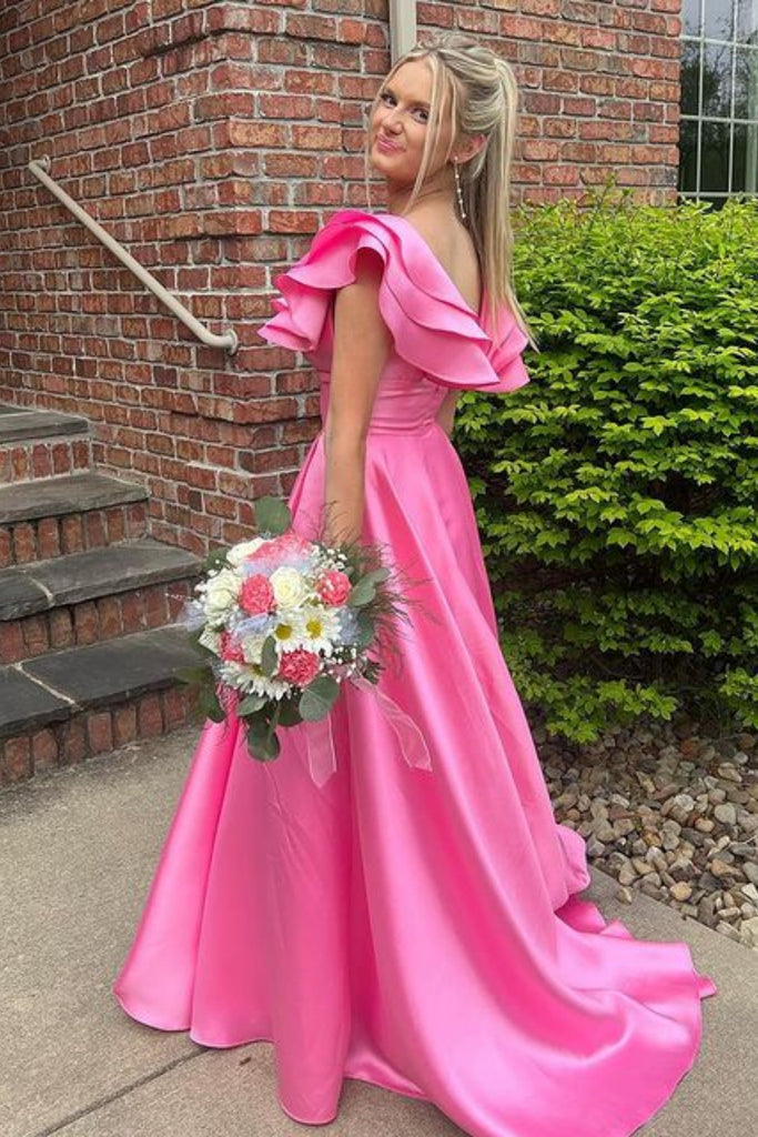 Cap Sleeves Hot Pink Satin Long Prom Dress with High Slit, Long Pink F abcprom Cap Sleeves Hot Pink Satin Long Prom Dress with High Slit, Long Pink F abcprom