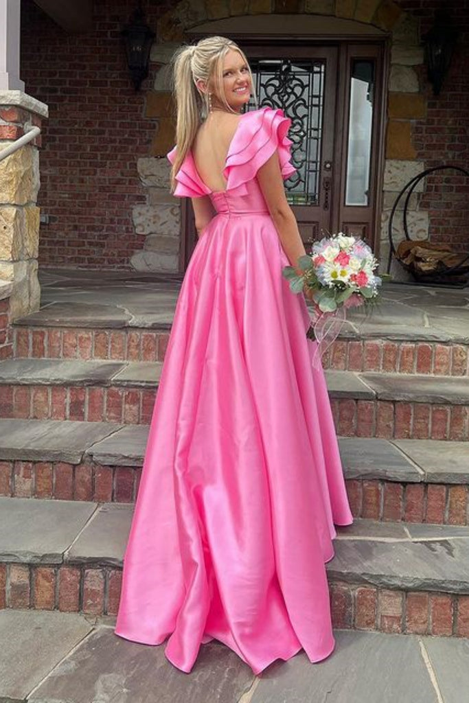 Cap Sleeves Hot Pink Satin Long Prom Dress with High Slit, Long Pink F abcprom Cap Sleeves Hot Pink Satin Long Prom Dress with High Slit, Long Pink F abcprom