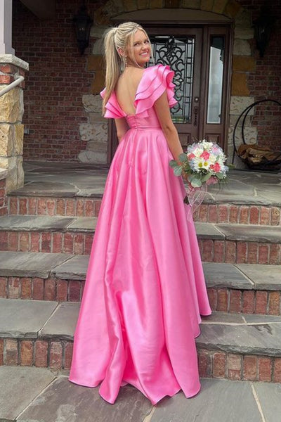 Cap Sleeves Hot Pink Satin Long Prom Dress with High Slit, Long Pink Formal Graduation Evening Dress WT1909