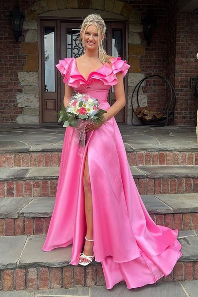 Cap Sleeves Hot Pink Satin Long Prom Dress with High Slit, Long Pink F abcprom Cap Sleeves Hot Pink Satin Long Prom Dress with High Slit, Long Pink F abcprom
