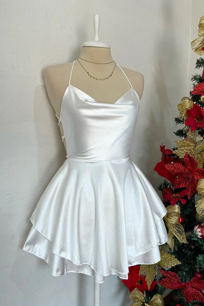 Cute Backless White/Red Satin Short Prom Dress, White/Red Homecoming Dress A2404