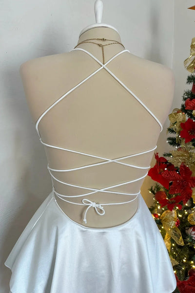 Cute Backless White/Red Satin Short Prom Dress, White/Red Homecoming Dress A2404