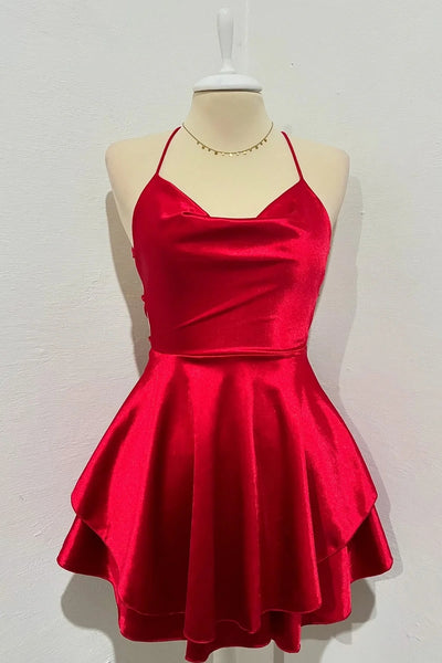 Cute Backless White/Red Satin Short Prom Dress, White/Red Homecoming Dress A2404