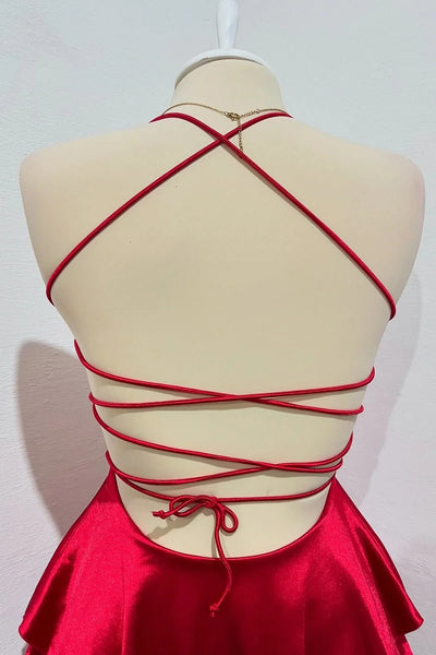 Cute Backless White/Red Satin Short Prom Dress, White/Red Homecoming Dress A2404