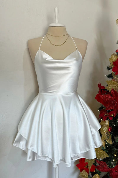 Cute Backless White/Red Satin Short Prom Dress, White/Red Homecoming Dress A2404