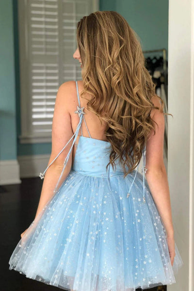 Cute Light Blue Short Prom Dress with Stars, Light Blue Lace Homecoming Dress A2398