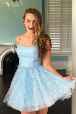 Cute Light Blue Short Prom Dress with Stars, Light Blue Lace Homecoming Dress A2398
