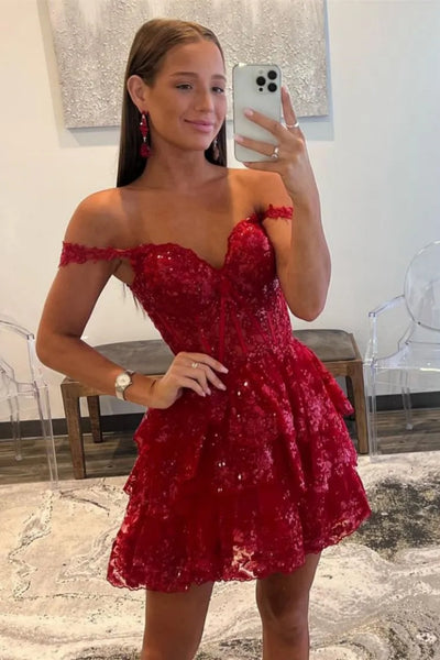 Cute Off Shoulder Layered Lace Prom Dress, Short Lace Homecoming Dress, Lace Formal Evening Dress A2147