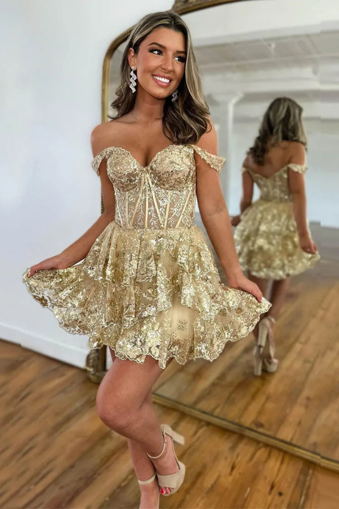 Cute Off Shoulder Layered Lace Prom Dress, Short Lace Homecoming Dress abcprom Cute Off Shoulder Layered Lace Prom Dress, Short Lace Homecoming Dress abcprom