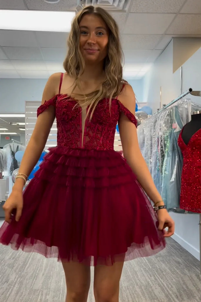 Cute Off Shoulder V Neck Burgundy Lace Prom Dress, Burgundy Lace Homec abcprom Cute Off Shoulder V Neck Burgundy Lace Prom Dress, Burgundy Lace Homec abcprom