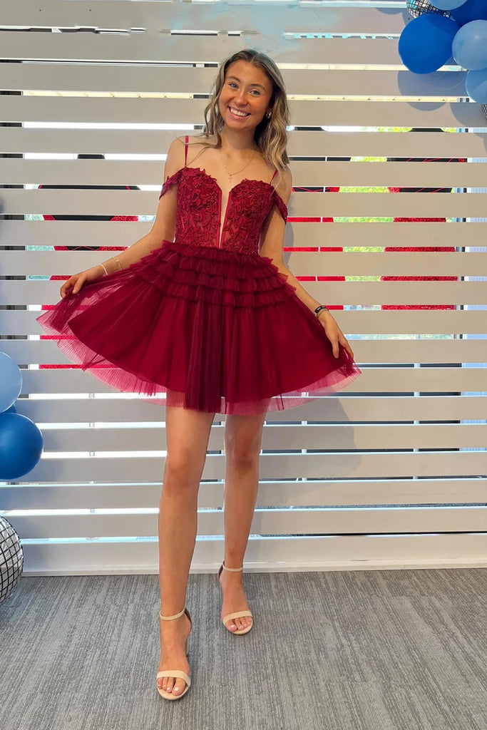 Cute Off Shoulder V Neck Burgundy Lace Prom Dress, Burgundy Lace Homec abcprom Cute Off Shoulder V Neck Burgundy Lace Prom Dress, Burgundy Lace Homec abcprom