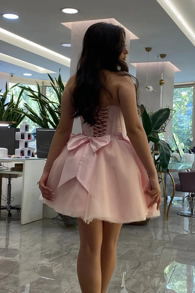 Cute Strapless Pink Satin Short Prom Dress, Strapless Pink Homecoming abcprom Cute Strapless Pink Satin Short Prom Dress, Strapless Pink Homecoming abcprom