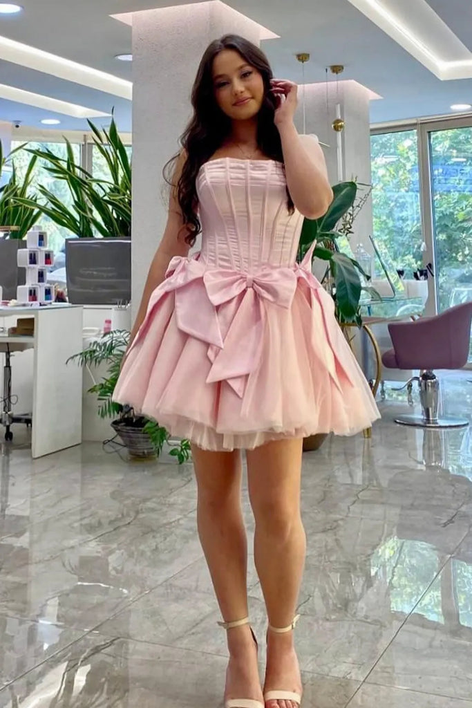 Cute Strapless Pink Satin Short Prom Dress, Strapless Pink Homecoming abcprom Cute Strapless Pink Satin Short Prom Dress, Strapless Pink Homecoming abcprom