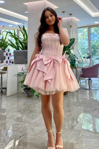 Cute Strapless Pink Satin Short Prom Dress, Strapless Pink Homecoming Dress A2408