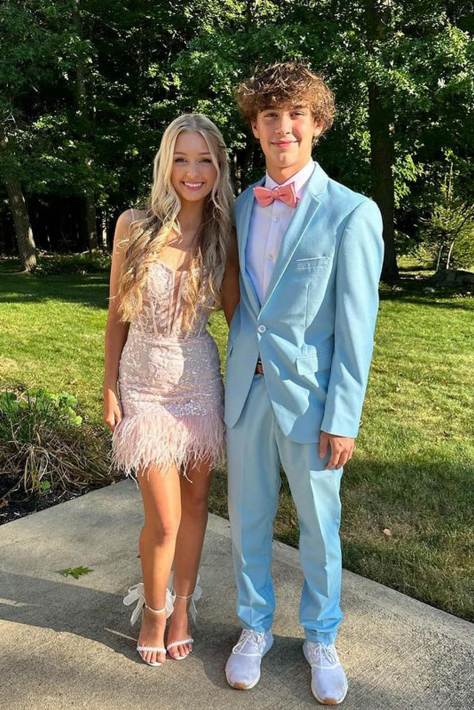 Cute V Neck Pink Lace Prom Dress with Feather, Short Pink Lace Homecom – abcprom Cute V Neck Pink Lace Prom Dress with Feather, Short Pink Lace Homecom – abcprom