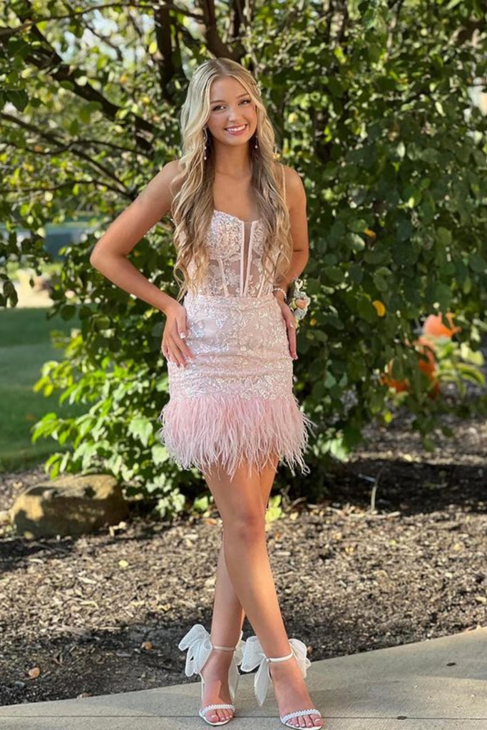 Cute V Neck Pink Lace Prom Dress with Feather, Short Pink Lace Homecom abcprom Cute V Neck Pink Lace Prom Dress with Feather, Short Pink Lace Homecom abcprom