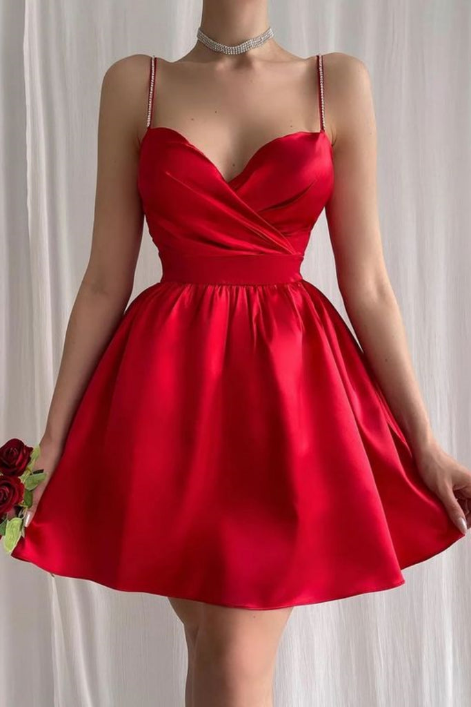 Cute V Neck Red Satin Short Prom Dress, V Neck Red Homecoming Dress, S ...
