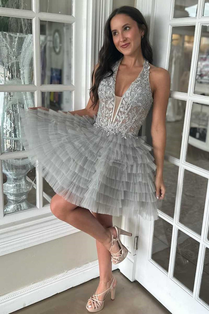 Cute V Neck Ruffle Grey Lace Prom Dress, Gray Lace Homecoming Dress, S abcprom Cute V Neck Ruffle Grey Lace Prom Dress, Gray Lace Homecoming Dress, S abcprom