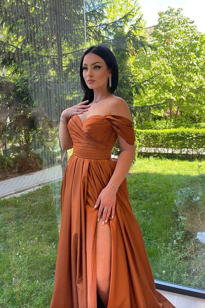 Elegant Off the Shoulder Brown Long Prom Dress with High Slit, Off Sho abcprom Elegant Off the Shoulder Brown Long Prom Dress with High Slit, Off Sho abcprom
