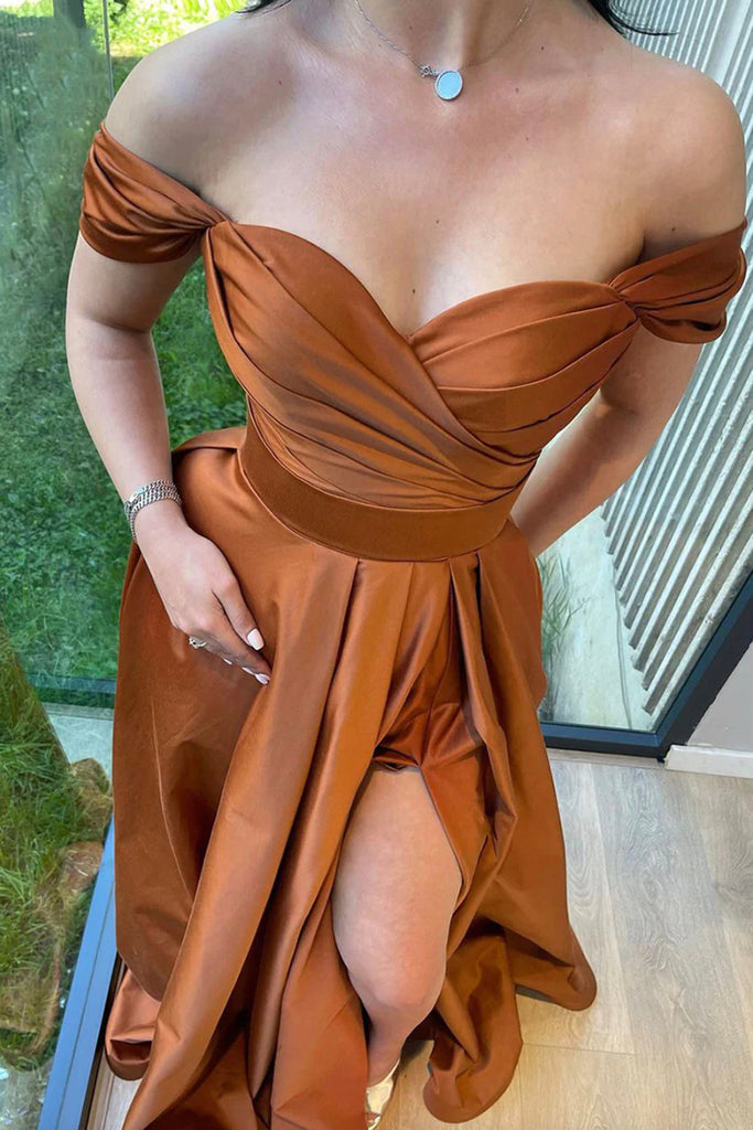 Elegant Off the Shoulder Brown Long Prom Dress with High Slit, Off Sho abcprom Elegant Off the Shoulder Brown Long Prom Dress with High Slit, Off Sho abcprom