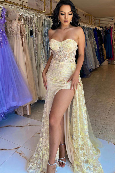 Elegant Strapless Yellow Lace Long Prom Dress with High Slit, Yellow Lace Formal Graduation Evening Dress A1878