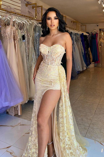 Elegant Strapless Yellow Lace Long Prom Dress with High Slit, Yellow Lace Formal Graduation Evening Dress A1878