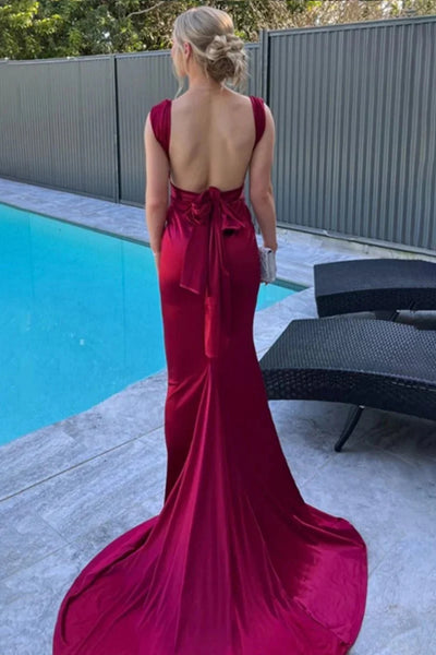 Elegant V Neck Backless Burgundy Satin Long Prom Dress, Backless Burgu