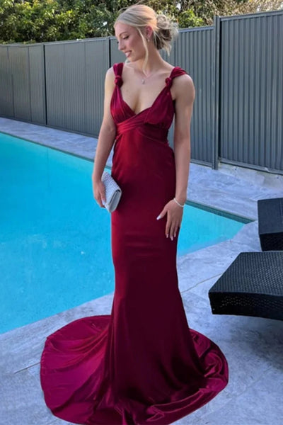 Elegant V Neck Backless Burgundy Satin Long Prom Dress, Backless Burgundy Formal Dress, Burgundy Evening Dress A2431