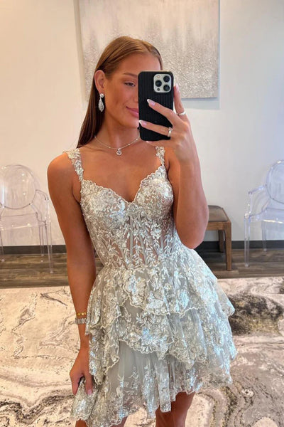 Fashion Off the Shoulder Silver Lace Short Prom Dress, Layered Silver Lace Homecoming Dress, Silver Formal Evening Dress A2139