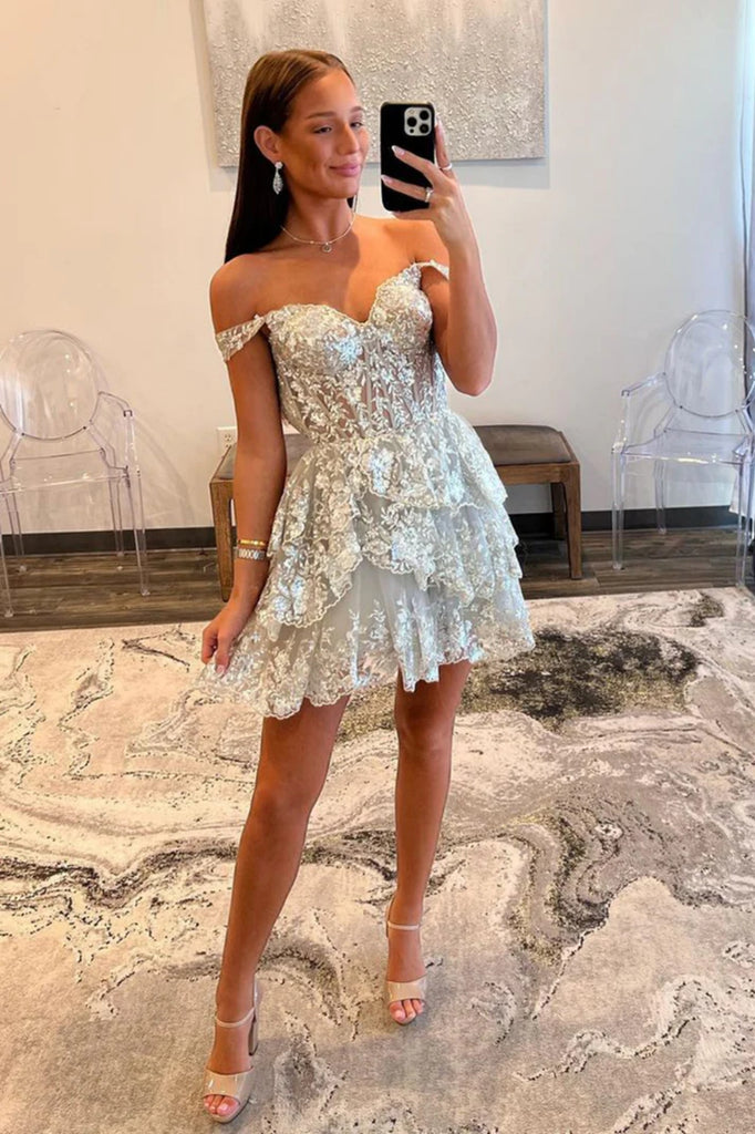 Fashion Off the Shoulder Silver Lace Short Prom Dress, Layered Silver abcprom Fashion Off the Shoulder Silver Lace Short Prom Dress, Layered Silver abcprom