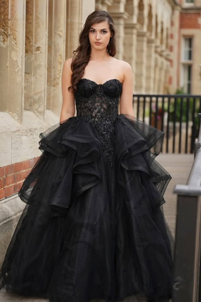 Fluffy Tulle Strapless Black Lace Long Prom Dress, Sweetheart Neck Black Formal Evening Dress, Black Ball Gown A2269