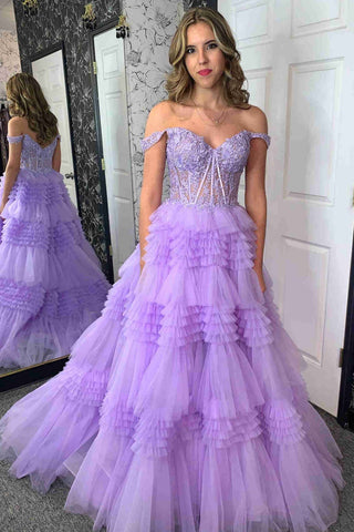 Gorgeous Off Shoulder Purple Lace Long Prom Dress, Off the Shoulder Lilac Formal Evening Dress, Purple Lace Ball Gown A2024
