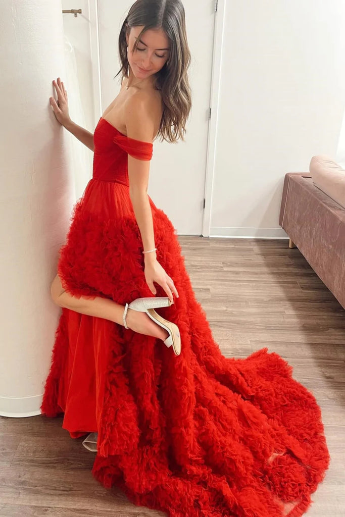 Gorgeous Off Shoulder Red Long Prom Dress with Train, Red Formal Eveni