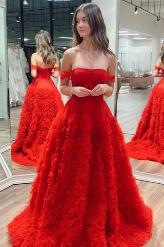 Gorgeous Off Shoulder Red Long Prom Dress with Train, Red Formal Evening Dress, Ball Gown A2051