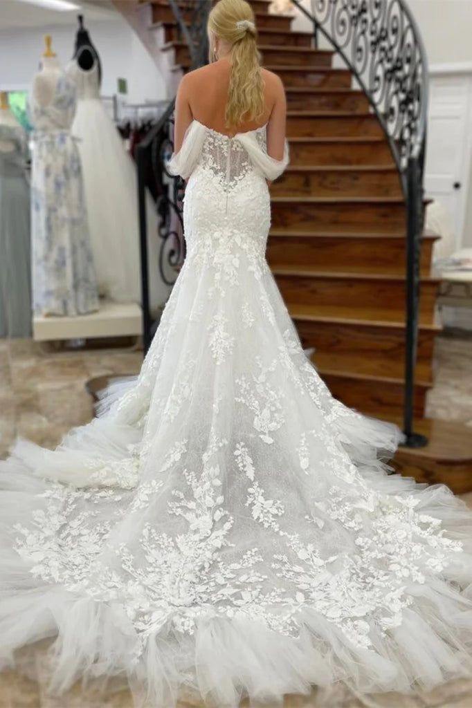 Gorgeous Off Shoulder White Lace Long Prom Dress with Train, Mermaid W