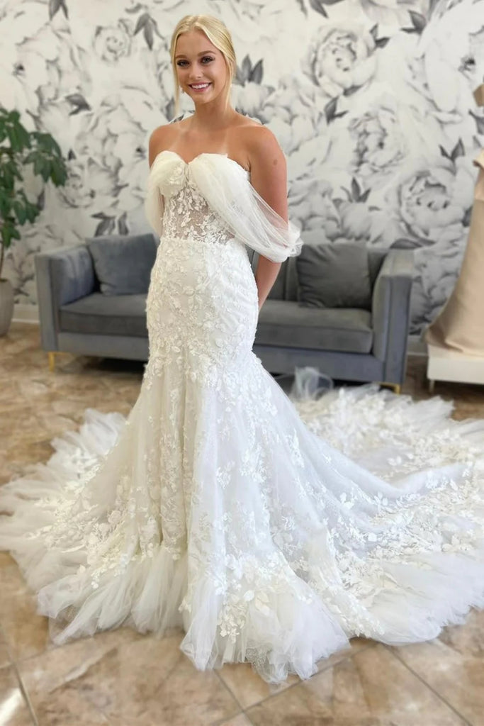 Gorgeous Off Shoulder White Lace Long Prom Dress with Train, Mermaid White Formal Evening Dress, White Lace Wedding Dress A2005